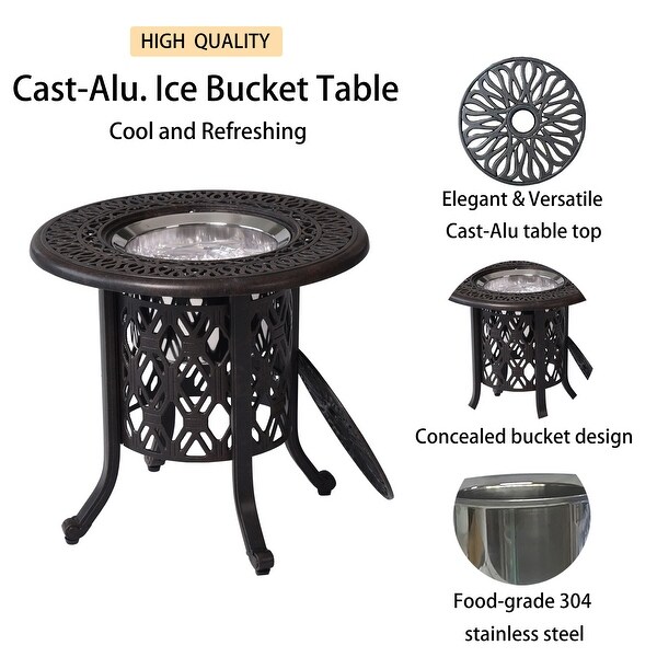 Outdoor Aluminum Chat Table Set with Ice Bucket，Ice Pail，Cool Bar Patio Furniture，Beer and Wine Cooler Table for Pool Yard