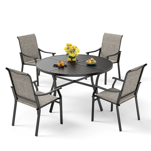 MAISON ARTS 5/7Piece Patio Dining Set，Round Metal Table and 4/6 Textilene Fabric Padded Armchairs