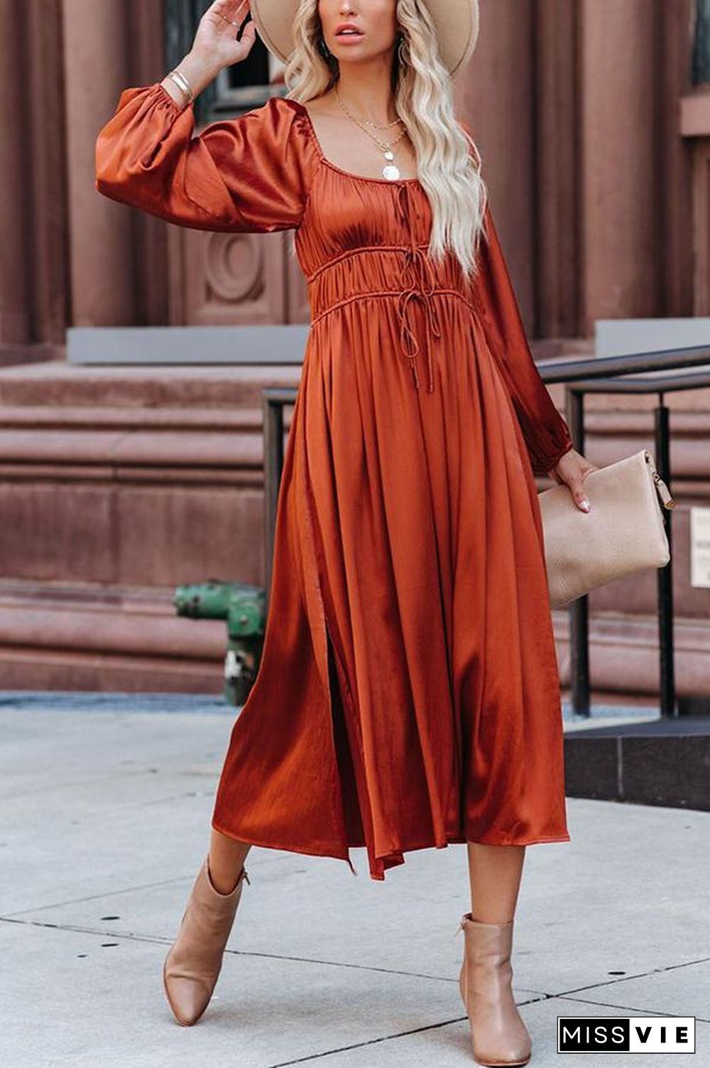 Satin Pocket Drawstring Long Sleeve Midi Dress