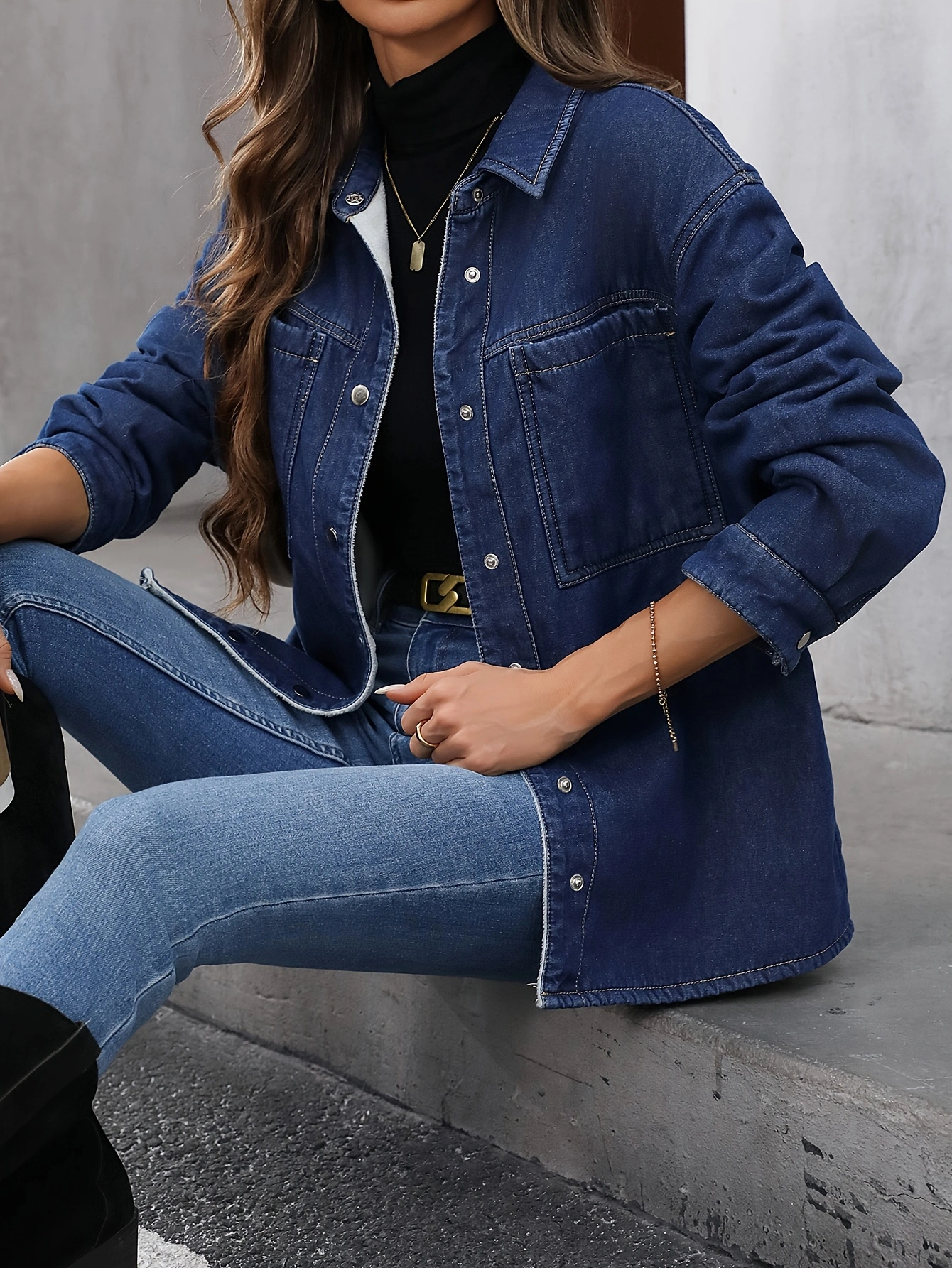 Plus Size Elegant Denim Coat - Womens Dark Washed Blue Button Up Long Sleeve Plush Lined Plain Denim Jacket for Winter - Stylish, Comfortable, and Warm Outerwear for Curvy Women