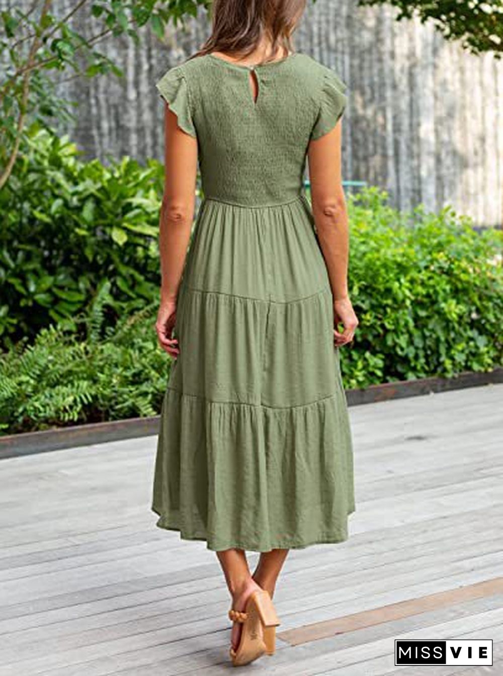 Solid Color Round Neck Cap Sleeve Loose Maxi Dress