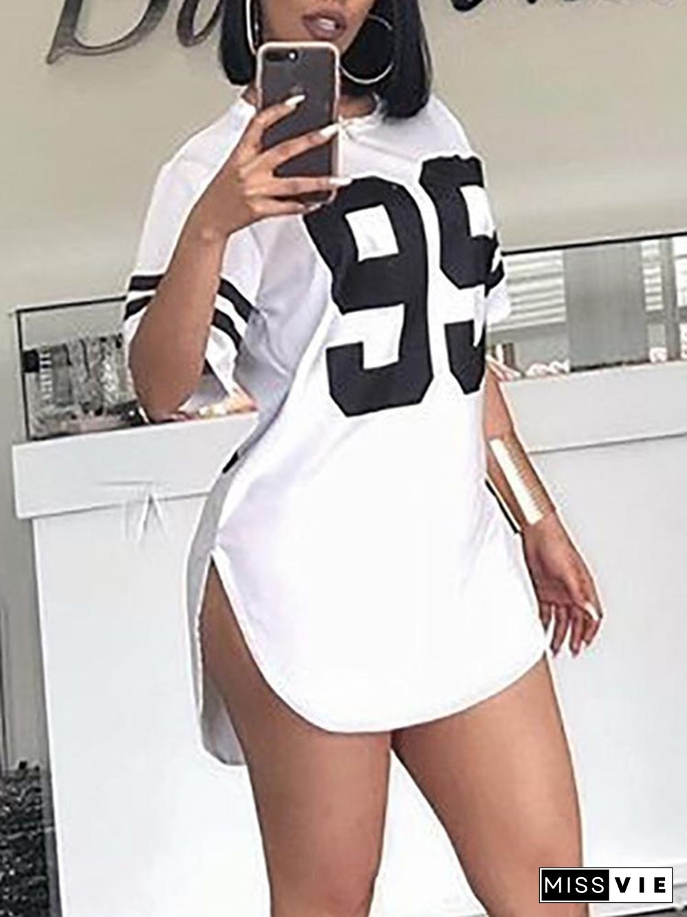 Side Split Letter Print Curved Hem Casual Dress Summer Sport Style T Shirt Dress Plus Size