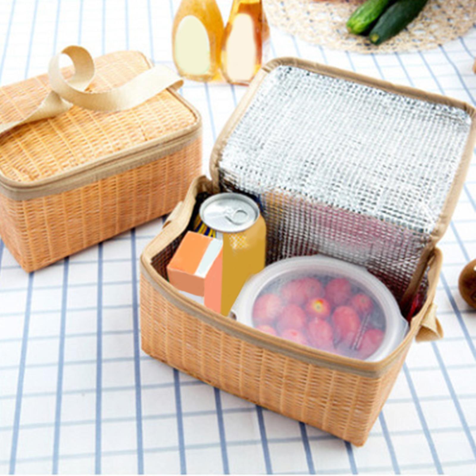 Thermal Bag， Outdoor Picnic Bag Insulated Waterproof Rattan Food Container Basket Fruit Camping Indoor Household Picnic