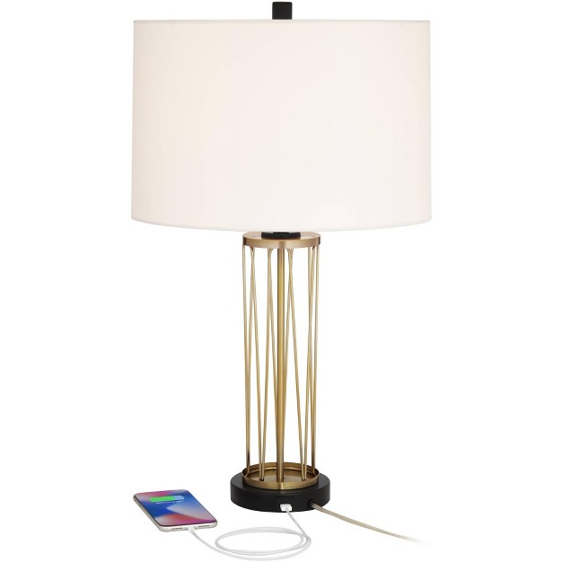 High Set Of 2 Gold Metal With Usb Charging Ports Off White Drum Shade For Bedroom Living Room Home Desk