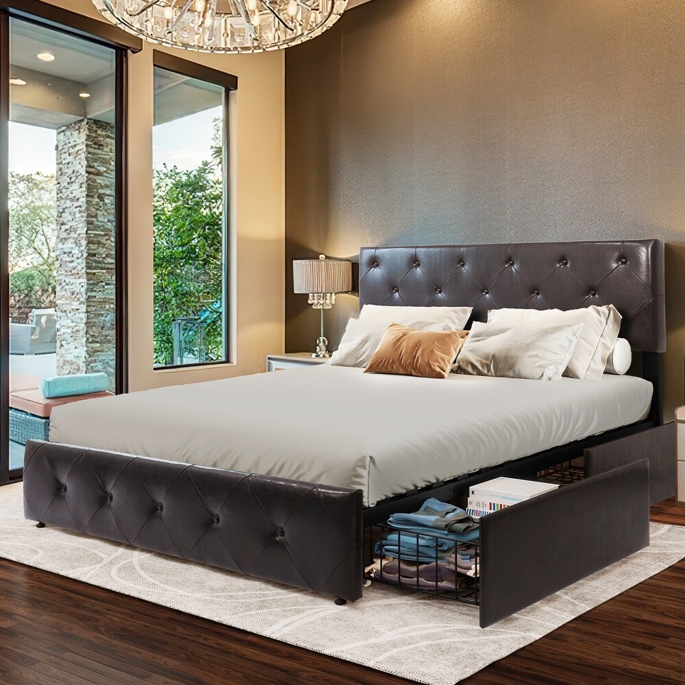 PU Tufted Upholstered Headboard Platform Bed Frame with Storage Drawer