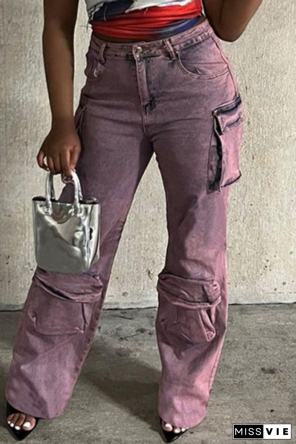 Pink Casual Patchwork Basic Mid Waist Straight Denim Jeans