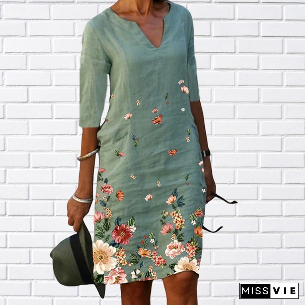 Spring Summer Autumn Women's Female Casual Loose V-Neck Flower Floral Print Mid-Sleeve Half Sleeve Dresses A-Line Dress Skirt Mini Dress Retro 3D Print Five-Point Vintage Sleeve Dress Plus Size Xs-8Xl