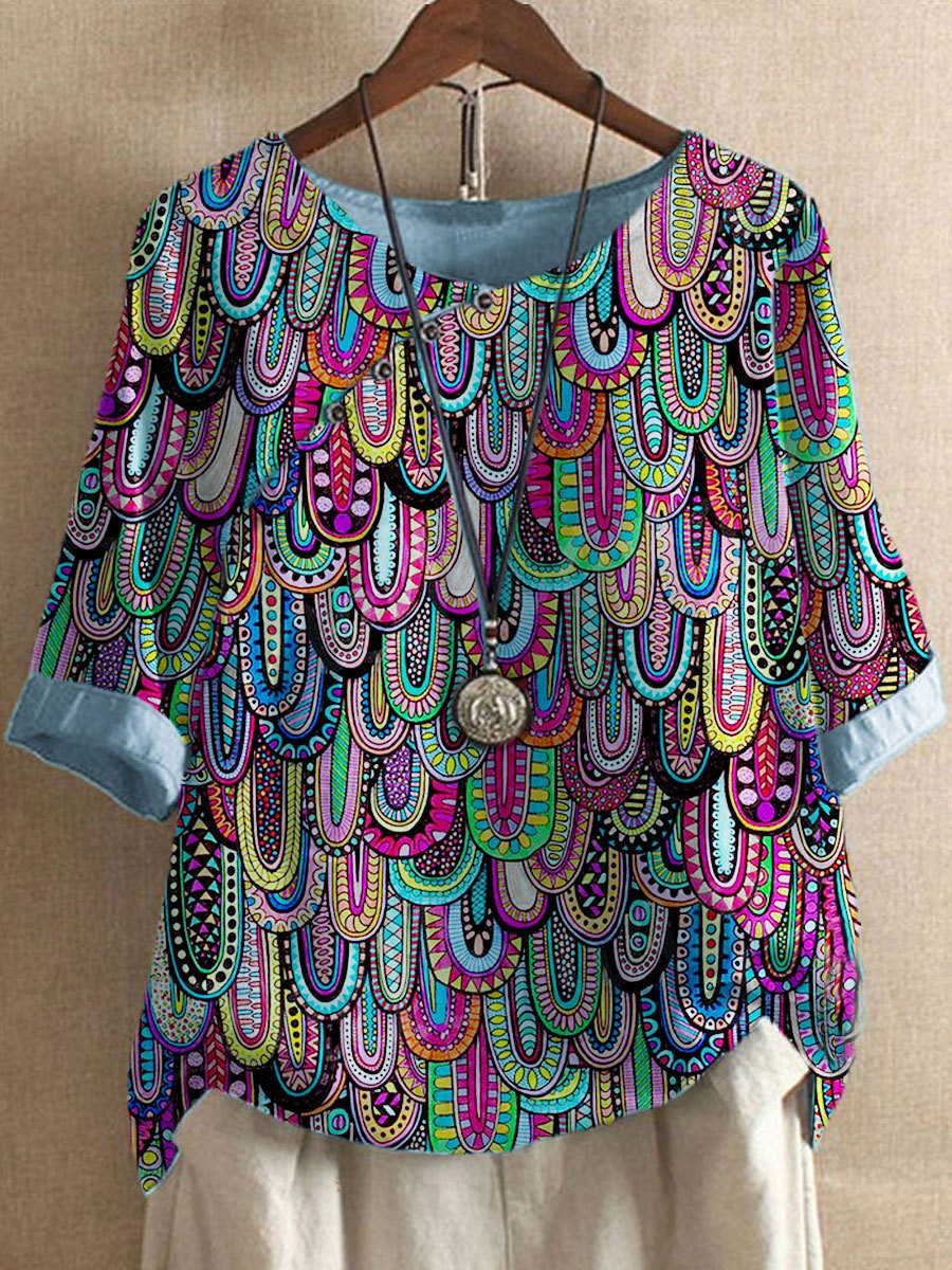 Round Neck Casual Loose Vintage Print Short Sleeve Blouse