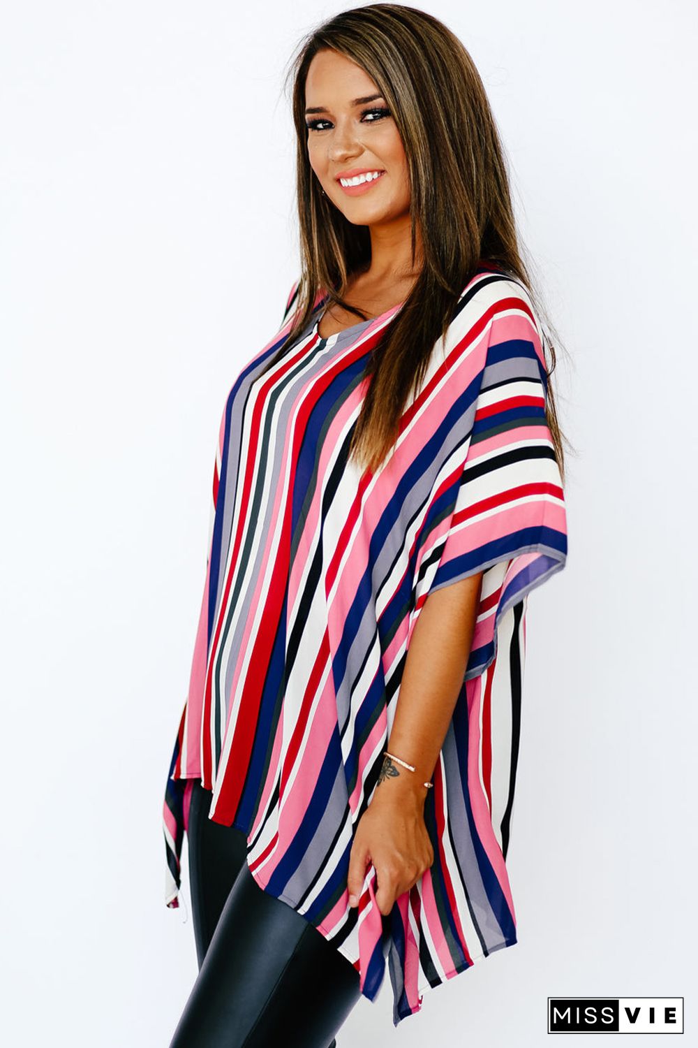 Multicolor Stripe Short Sleeve Flowy Plus Size Blouse