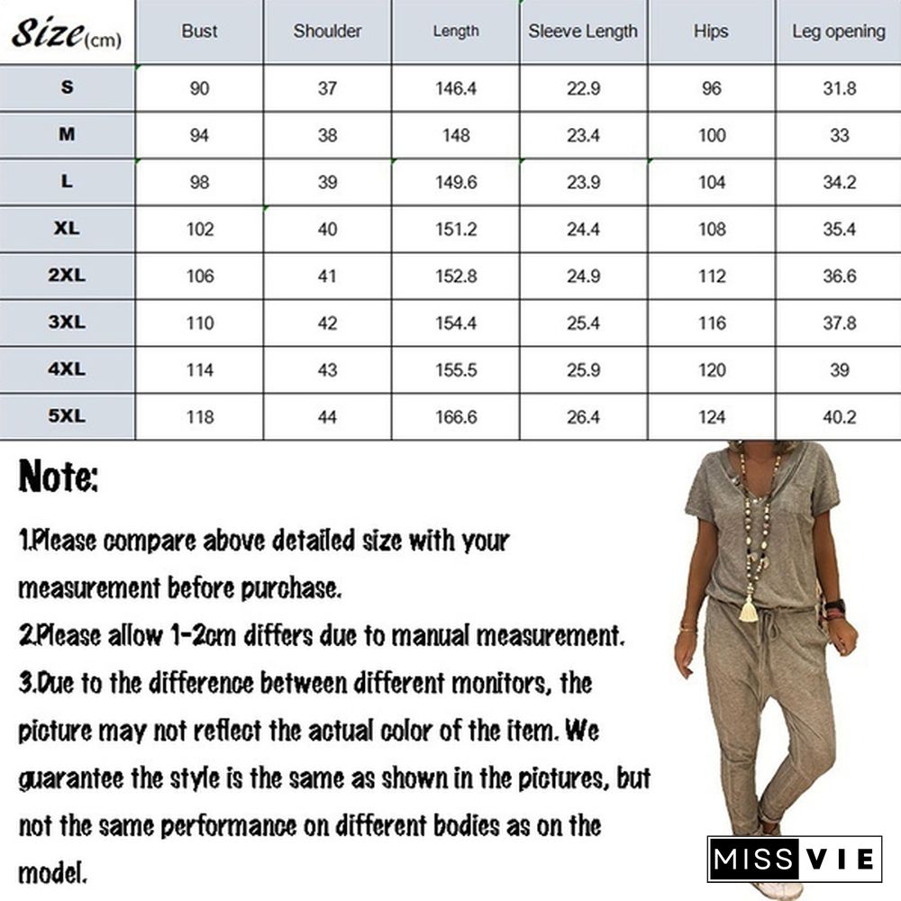 Plus Size Fashion Summer Jumpsuit Short Sleeve Overalls V-neck Long Pants Rompers Women Jumpsuits