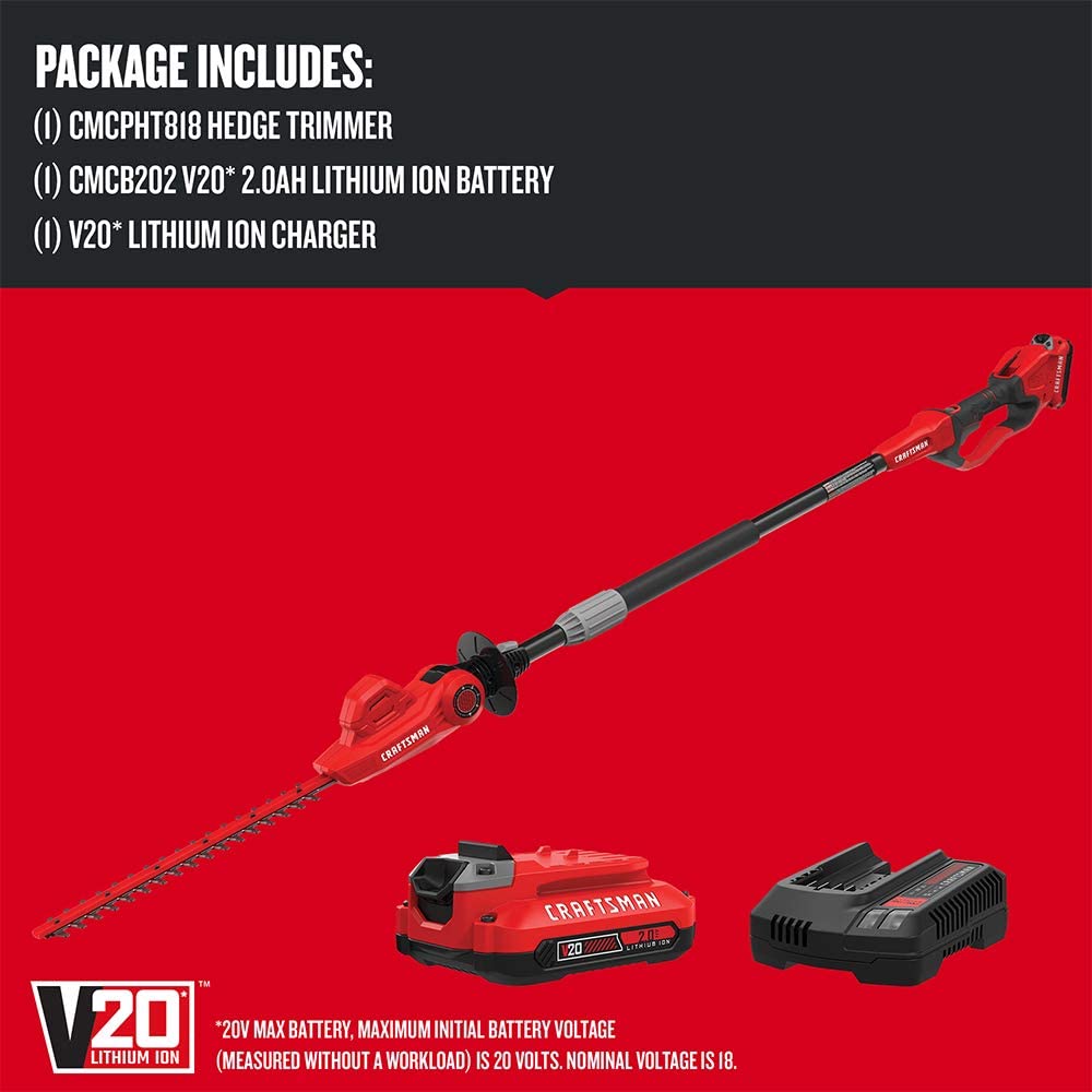 CRAFTSMAN V20 Cordless Pole Hedge Trimmer， 18-Inch， Extended Reach， Battery and Charger Included (CMCPHT818D1)