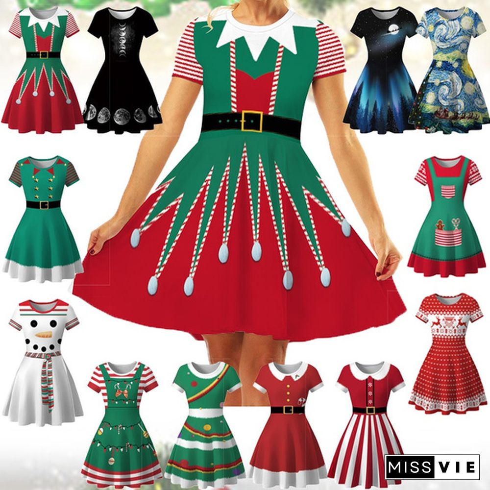 Fashion Christmas Elf Digital Print Women's Short Sleeve Slim Dress