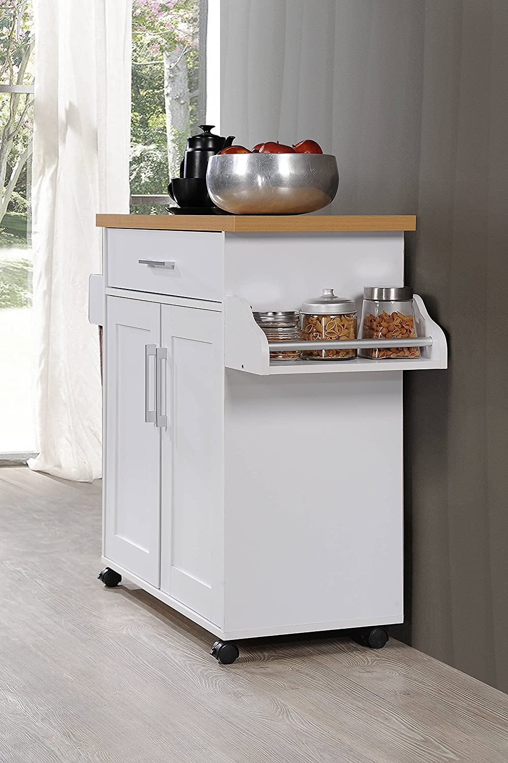 Hodedah Kitchen Island with Spice Rack， Towel Rack and Drawer， White with Beech Top， 15.5 x 35.5-44.9 x 35.2 inches