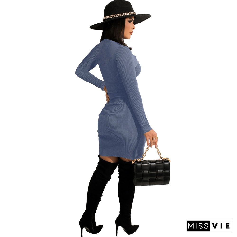 Long Sleeve Zipper Fly Front Slit Bodycon Midi Dress