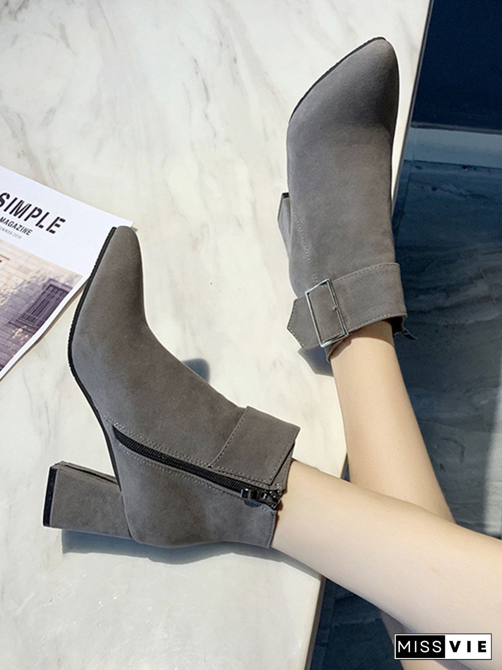 Chunky Heel Buckle Pointed-Toe Suede Martin Boots