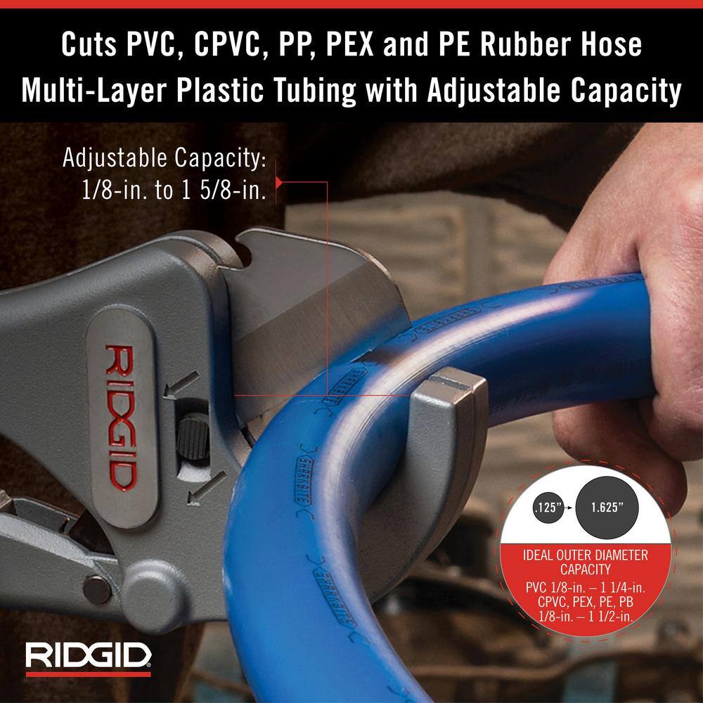 RIDGID 18 in. - 1-58 in. RC-1625 Aluminum Ratchet Action Plastic Pipe and Tubing Cutter Tool for Multilayer Tubing Jobs 23498