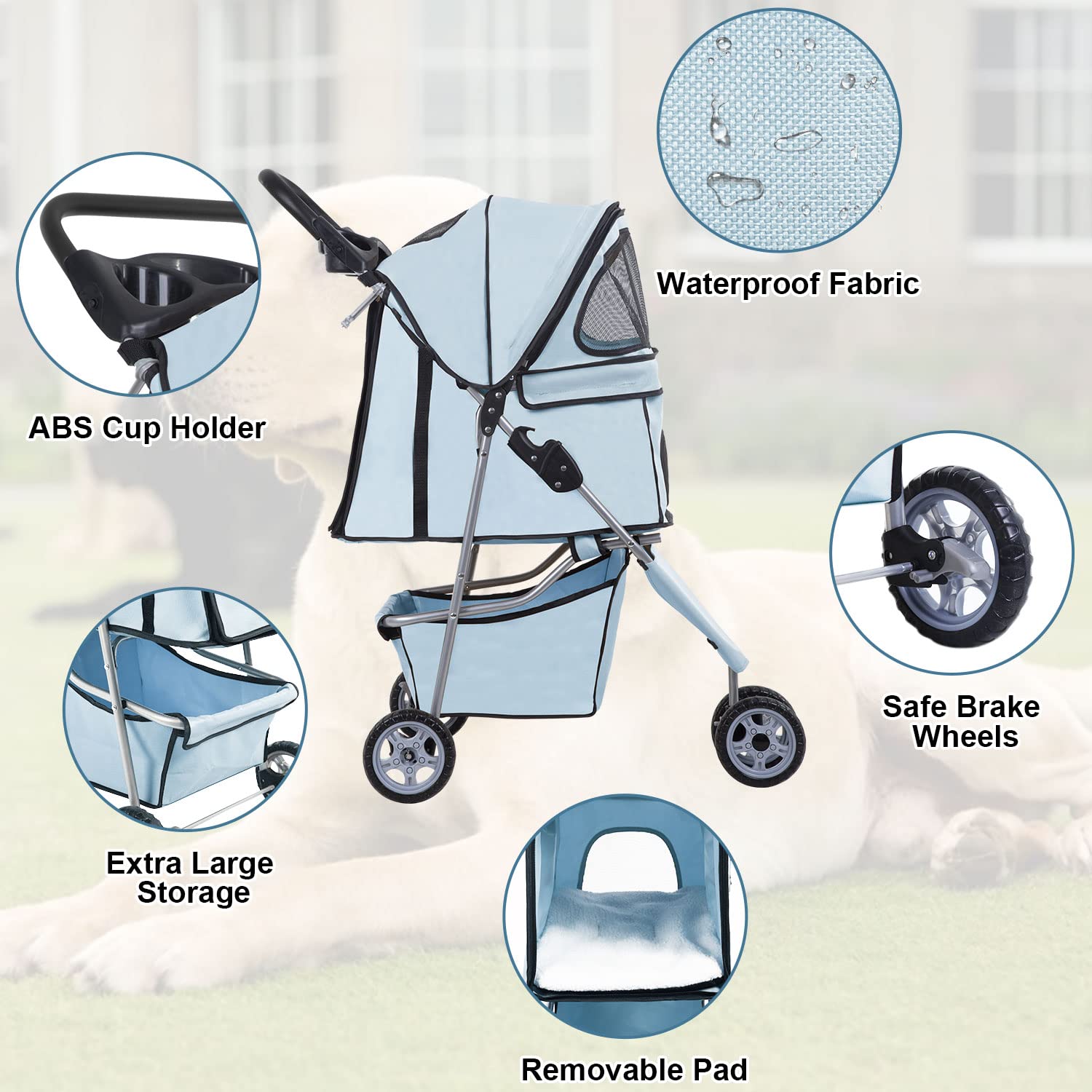 BestPet 3 Wheels Pet Stroller Folding with Cup Holder and Removable Liner，Light Blue