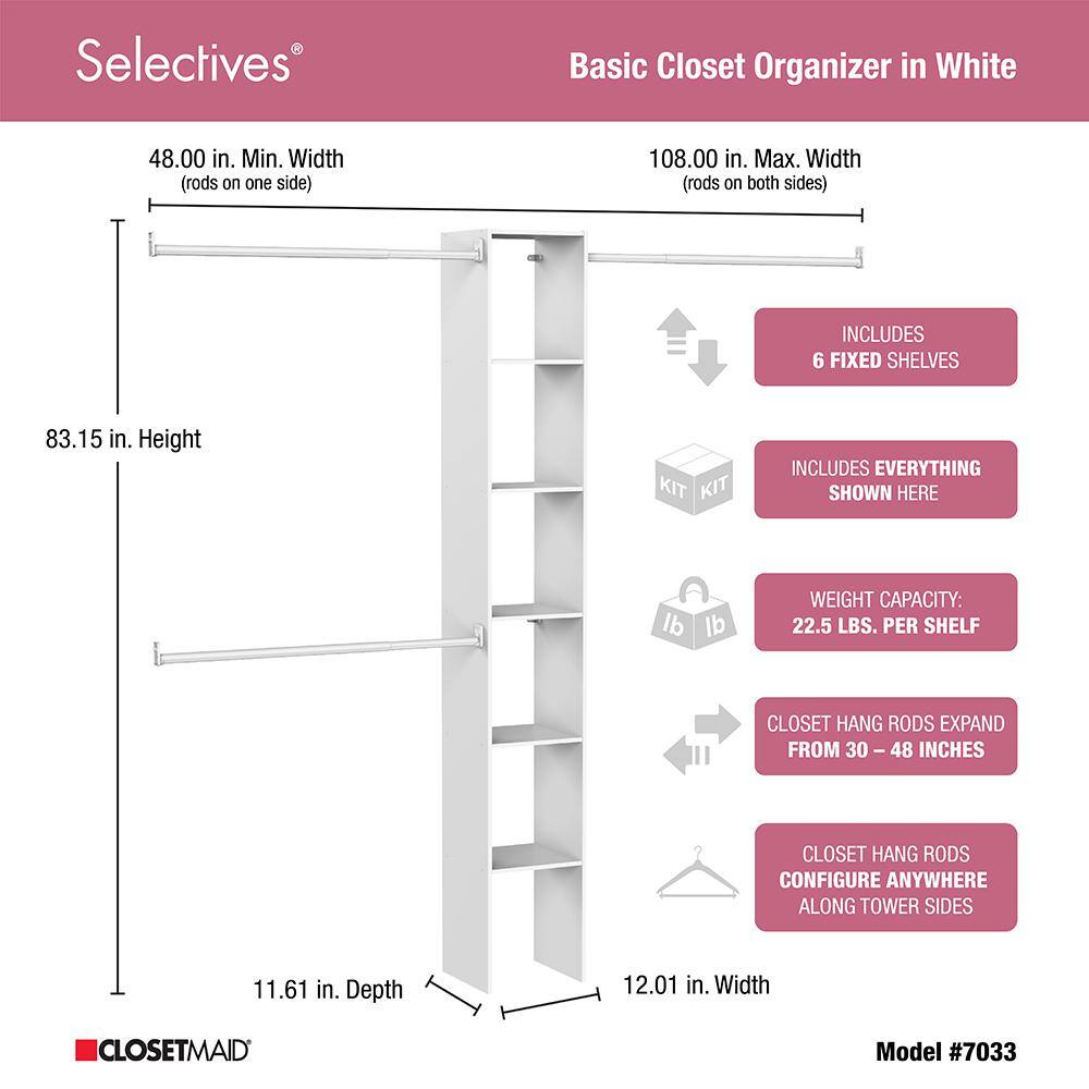 ClosetMaid Selectives 12 in. W White Custom Tower Wall Mount 6-Shelf Wood Closet System 7033