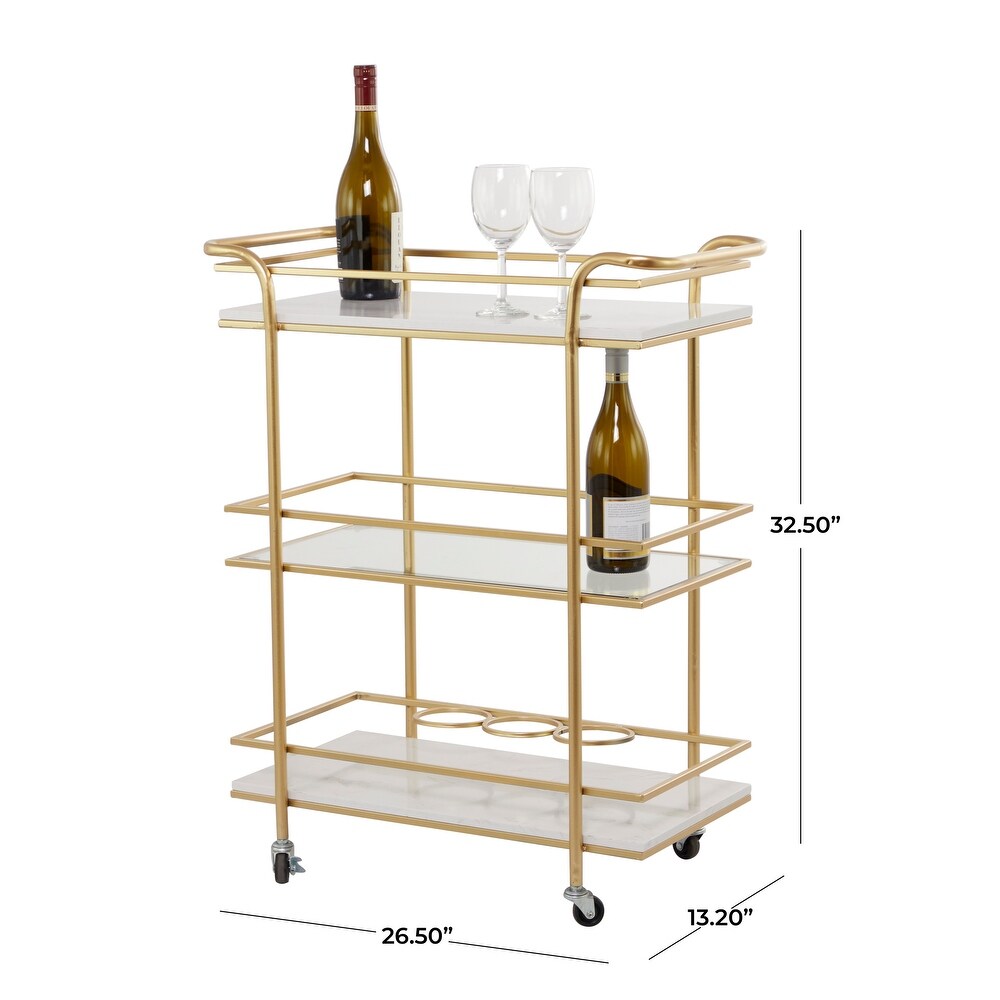 Gold Marble Rolling 1 Glass and 2 Marble Shelves Bar Cart with Handles   13.2 x 26.5 x 32.5