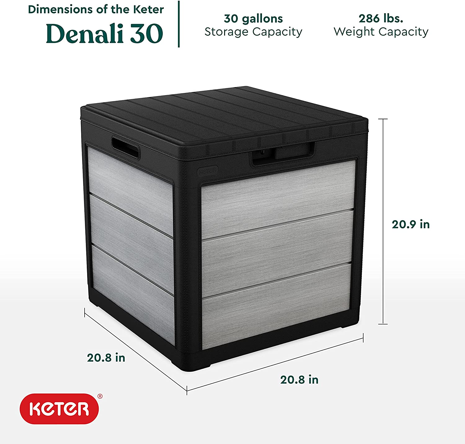 Keter Denali 30 Gallon Resin Deck Box for Patio Furniture， Pool Accessories， and Storage for Outdoor Toys， Grey/Black