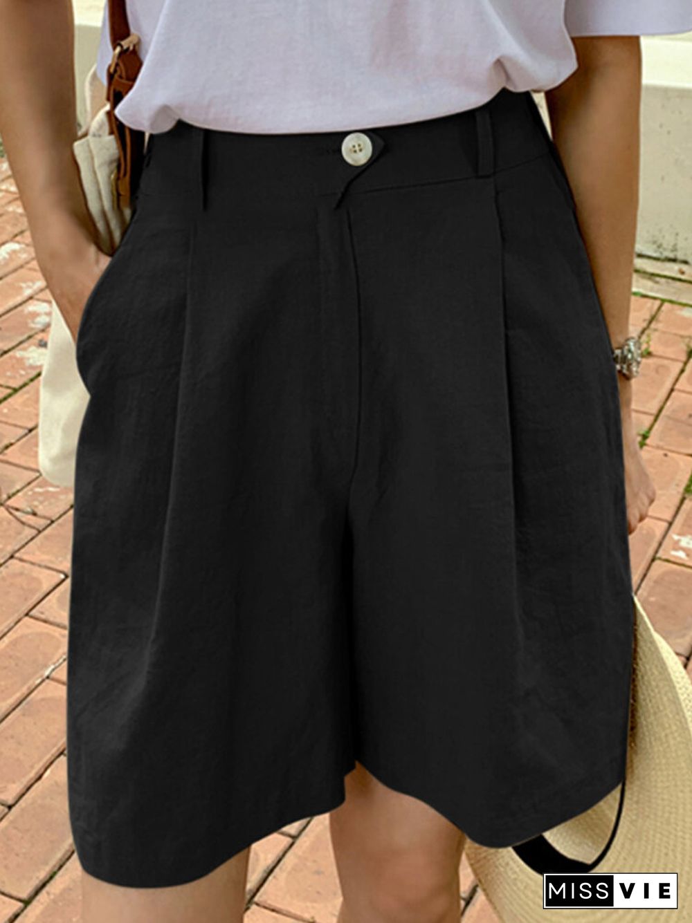 Solid Pocket Elastic Waist Casual Wide Leg Shorts