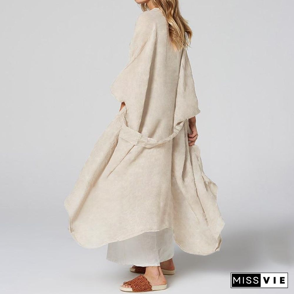 Women Summer Vintage Beach Cover Up Solid Belted Casual Loose Blouse Plus Size Cardigan Kimono Linen