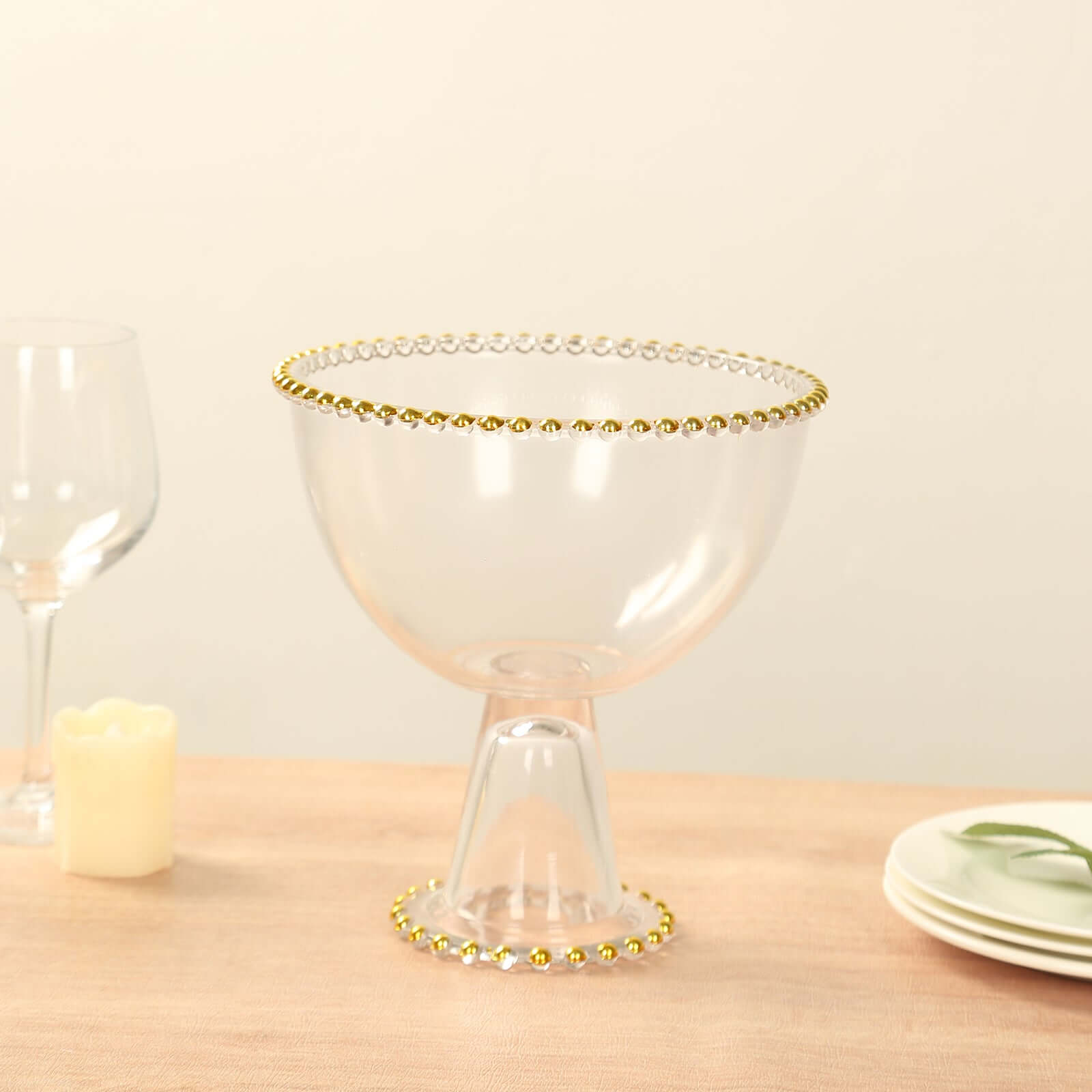 Clear Compote Pedestal Bowl Glass Flower Vase With Gold Beaded Rim, Round Footed Candy Trifle Bowl Dessert Display Stand - 8