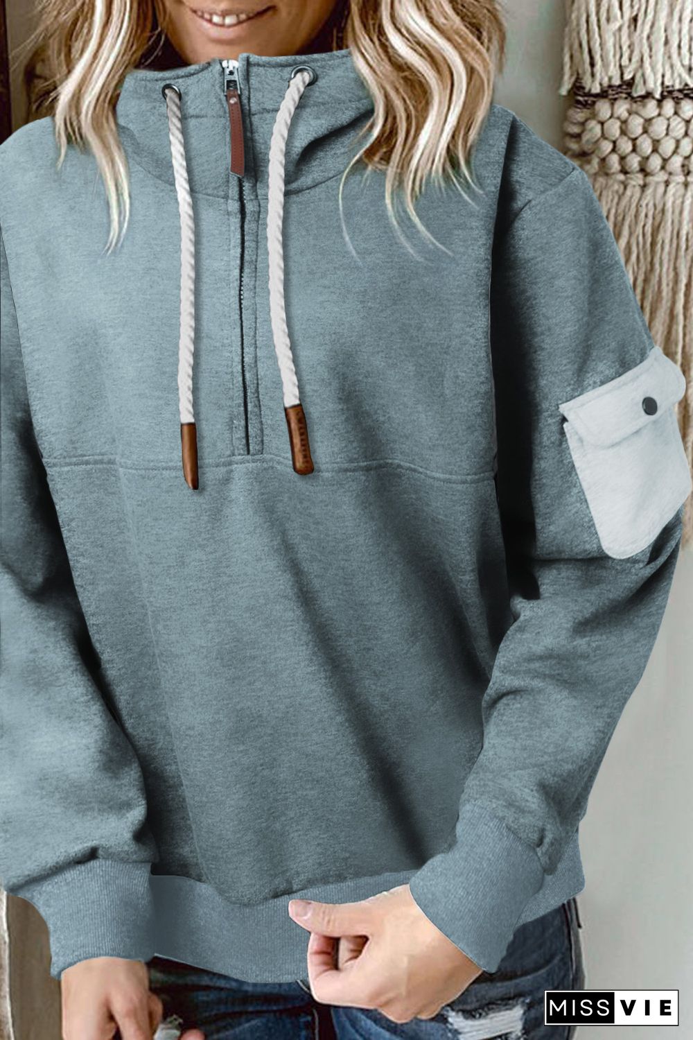 Sky Blue Half Zip Colorblock Pocket Patchwork Long Sleeve Hoodie