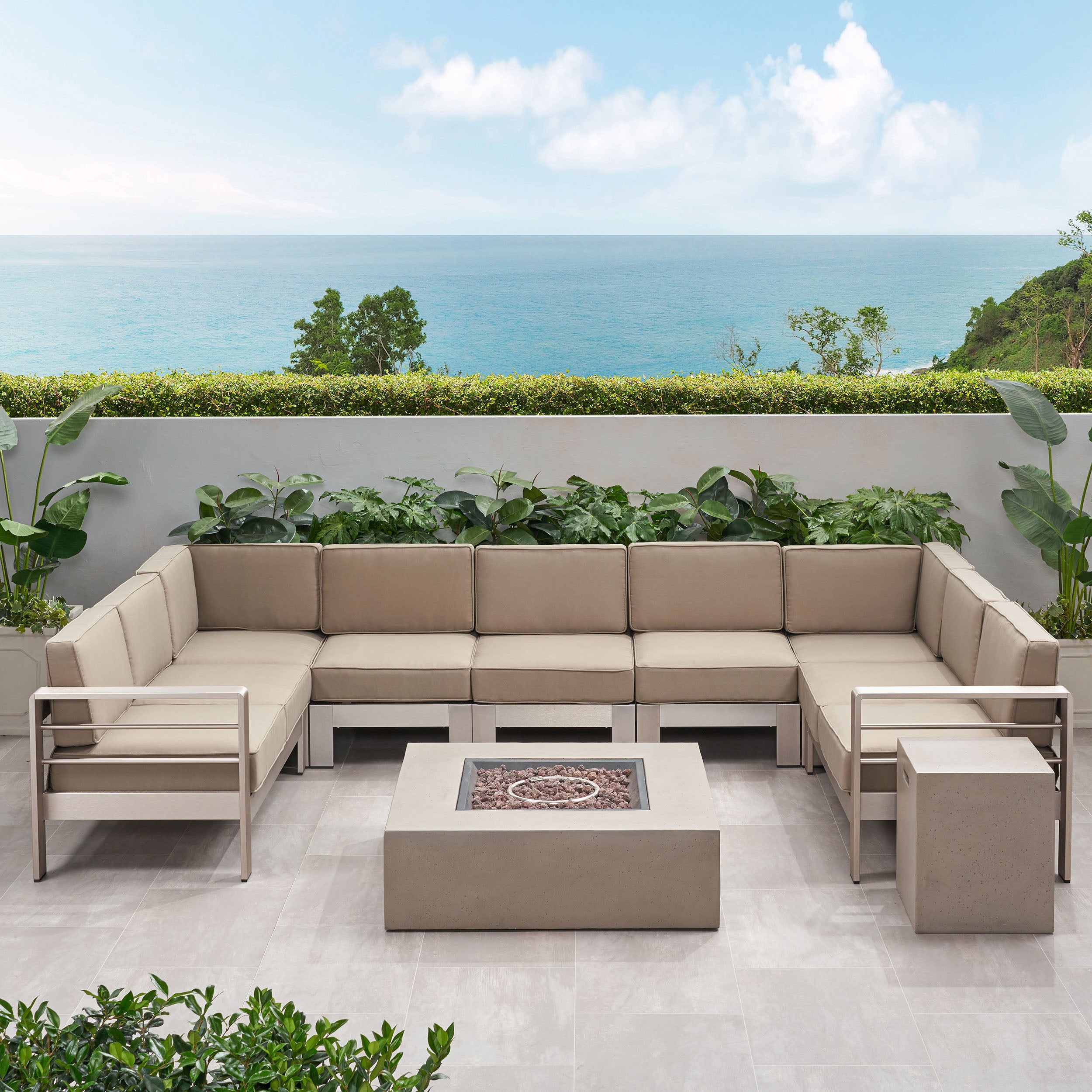 Denise Outdoor 9 Seater Aluminum U-Shaped Sofa Sectional and Fire Pit Set