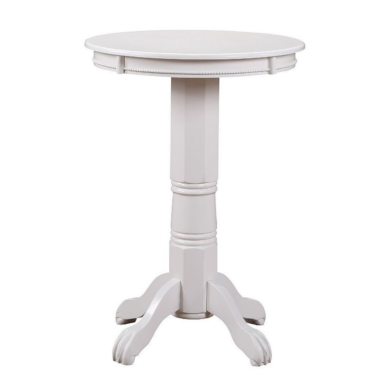 Ava 42 Inch Wood Pub Bar Table， Molded Trim， Carved Pedestal， White