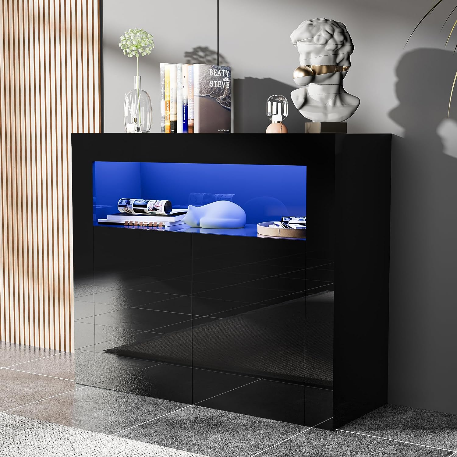 High Glossy Buffet Cabinet Sideboard Storage Cabinet Bar Cabinet with LED Lights Adjustable Shelf and 2 Doors