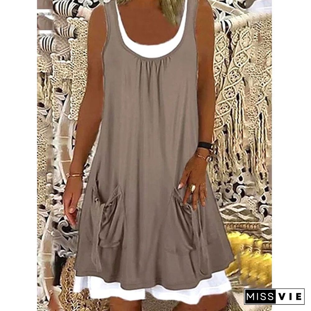 Xs-8Xl Summer Dress Plus Size Fashion Clothes Women's Casual Beach Wear Sleeveless Tank Top Dresses With Pockets Ladies Off Shoulder Stiching Layered Party Dress O-Neck Cotton Blending Loose Dress