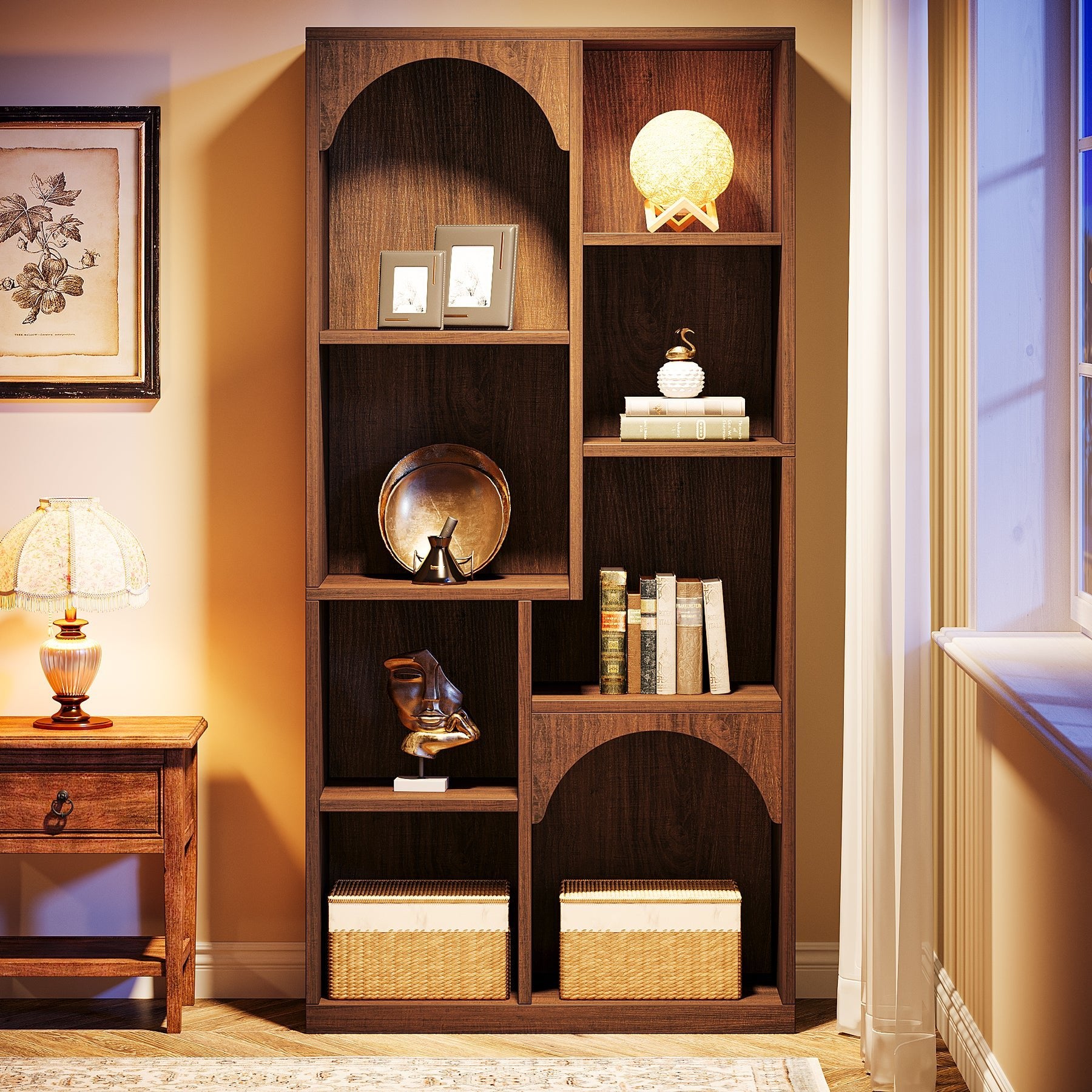 70 Bookshelf, 7-Tier Farmhouse Bookcase Arched Etagere