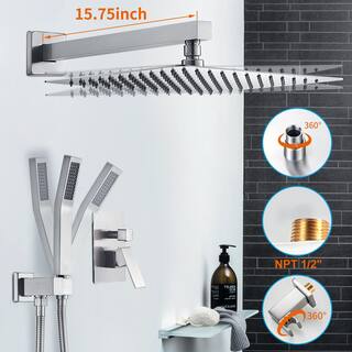 Zalerock Rainfall 1-Spray Square 10 in. Shower System Shower Head with Handheld in Brushed Nickel (Valve Included) KSA022