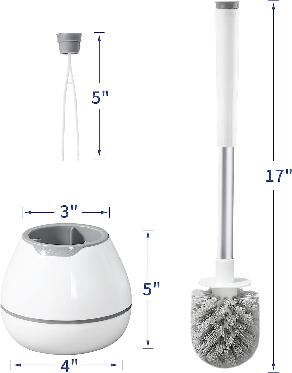 BOOMJOY Toilet Brush and Holder Set, Silicone Bristles Bathroom Cleaning Bowl Brush Kit with Tweezers, Bathroom Accessories with Aluminum Handle - White