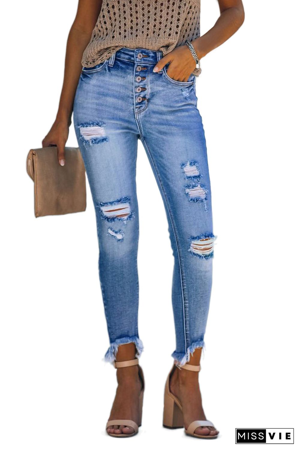 Sky Blue High Rise Button Front Frayed Ankle Skinny Jeans