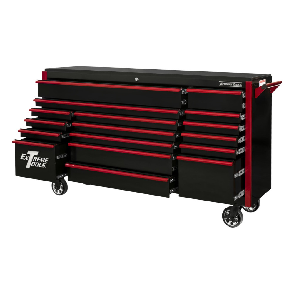 Extreme Tools 72 Black Roller Cabinet with Red Drawer Pulls