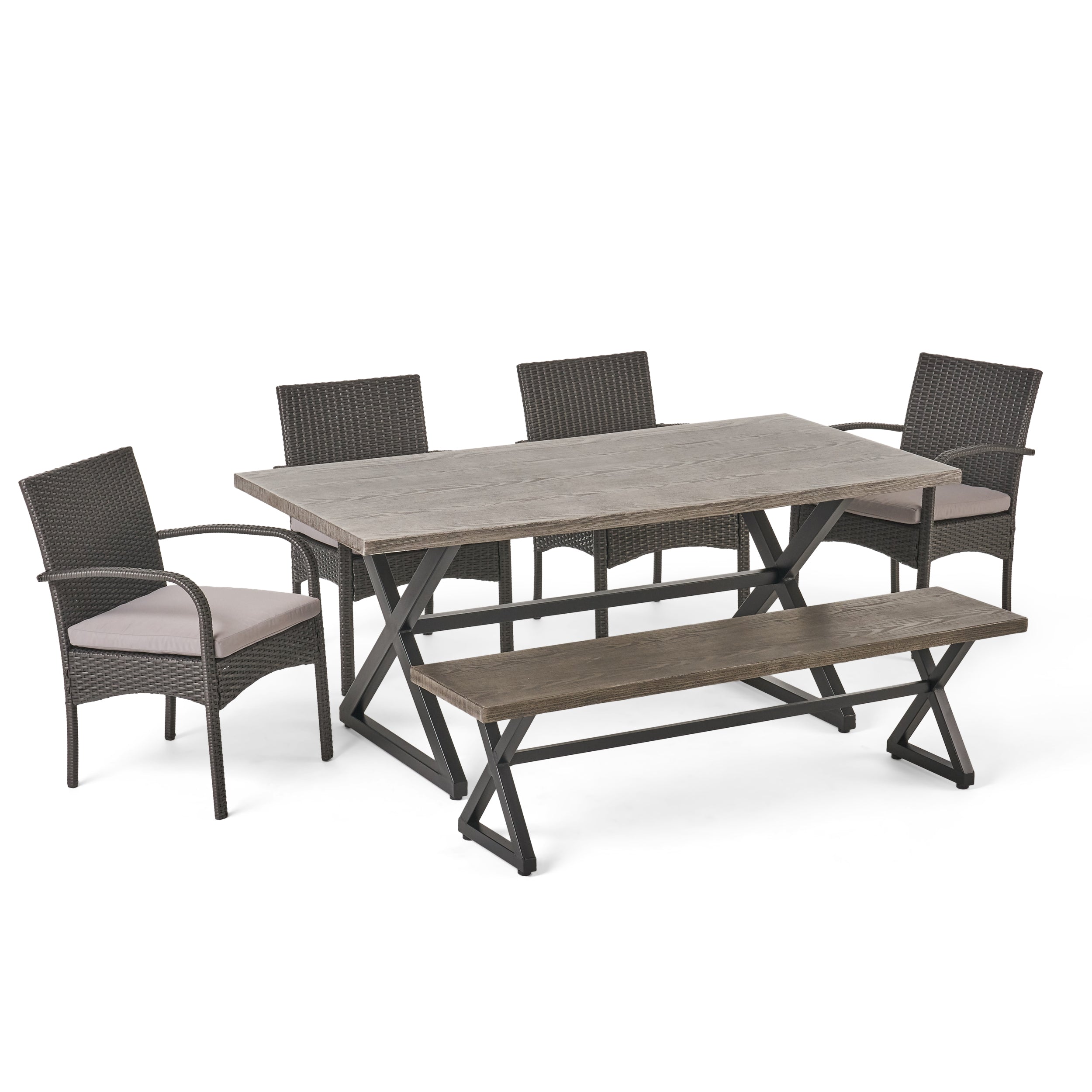 Sicily Outdoor 6 Piece Gray Aluminum Dining Set with Bench and Gray Wicker Dining Chairs