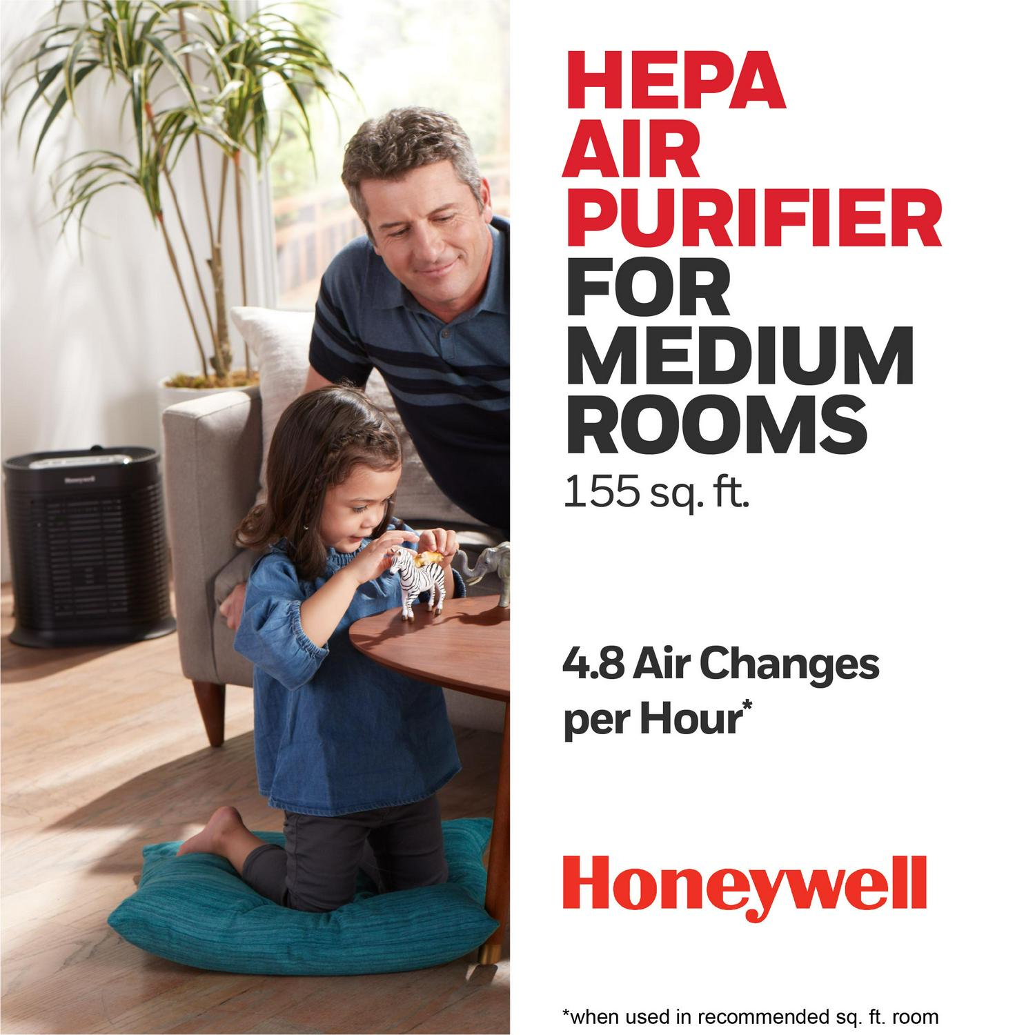 Honeywell AllergenPlus HEPA Air Purifier， Airborne Allergen Reducer for Medium Rooms (155 sq ft)， Black  Wildfire/Smoke， Pollen， Pet Dander， and Dust Air Purifier， HPA100