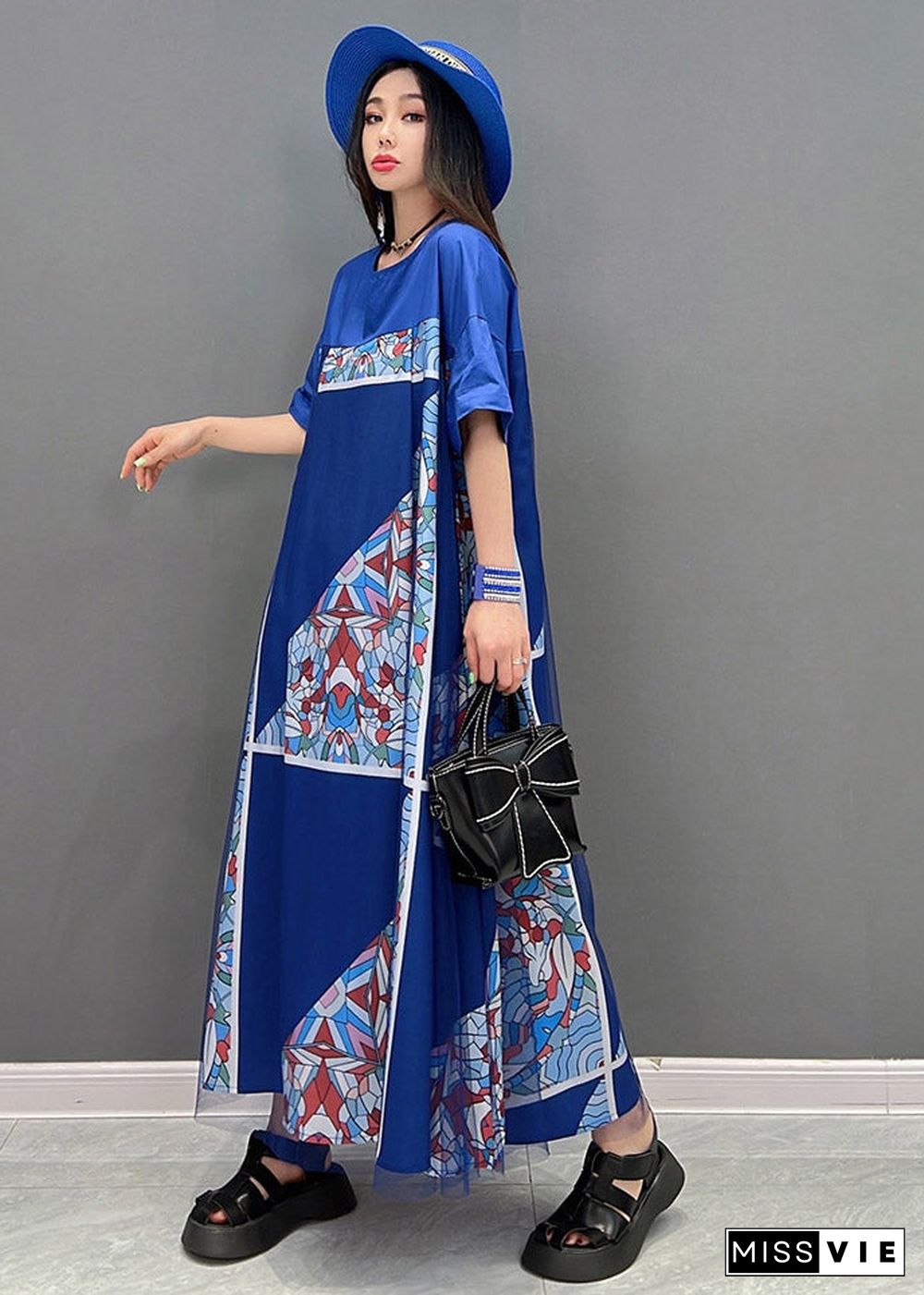 Plus Size Blue O-Neck Print Tulle Patchwork Dresses Short Sleeve