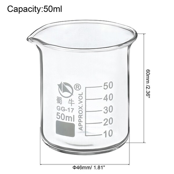 2pcs 50ml Low Form Glass Beaker 3.3 Borosilicate Lab Measuring Cups - Clear