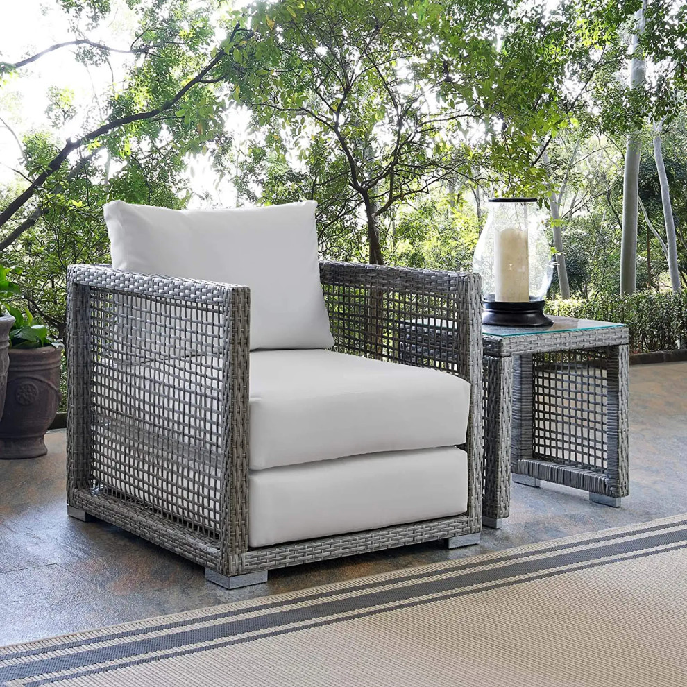 Contemporary Outdoor Lounge Chair  Cushioned Seat  ampBack With Mesh Wicker Arms   Tropical   Outdoor Lounge Chairs   by Decor Love  Houzz