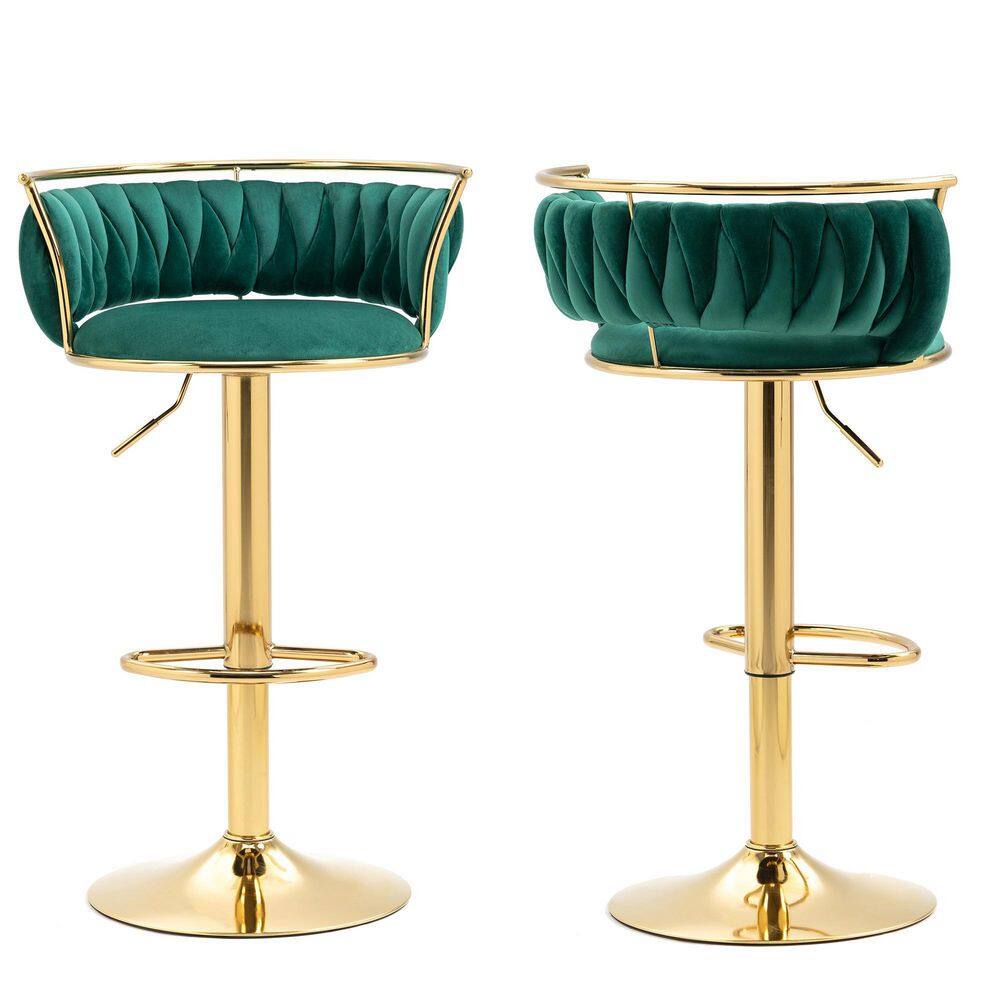 Uixe 38.5 in. Dark Green Low Back Metal Frame Swivel Adjustable Height Bar Stool with Velvet Seat (Set of 2) FOP-BT-GREEN-2