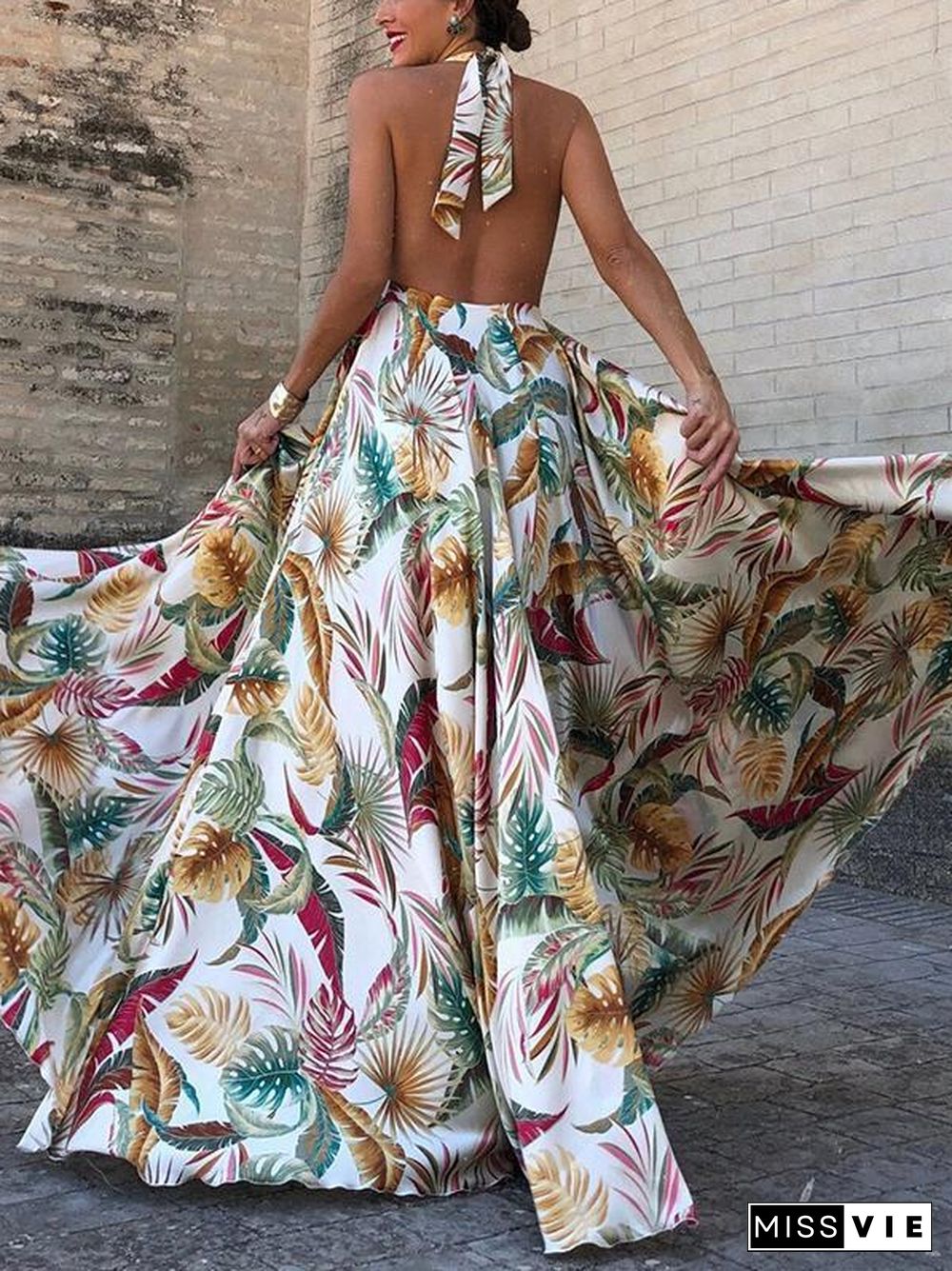 Plant Printed Backless Sexy Dress