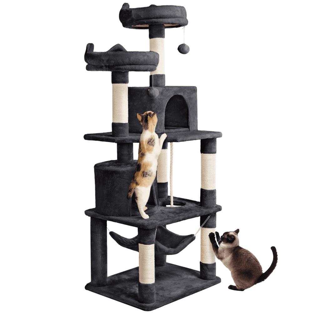 SMILE MART 62.2" Double Condos Cat Tree and Scratching Post Tower, Black