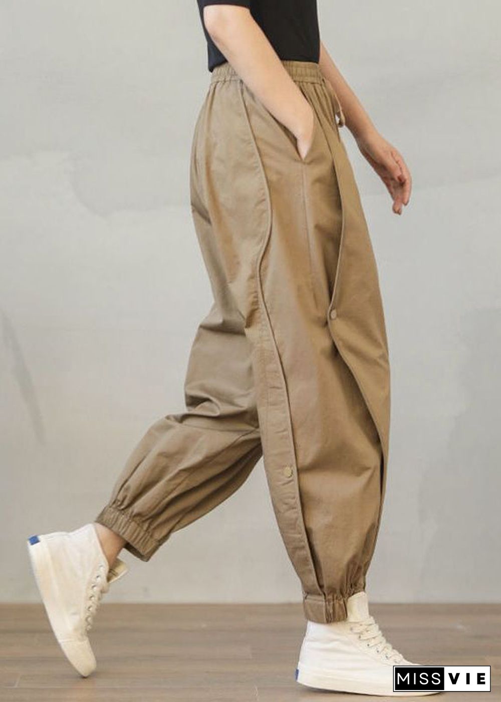 Stylish Khaki Oversized Patchwork Cotton Harem Pants Spring