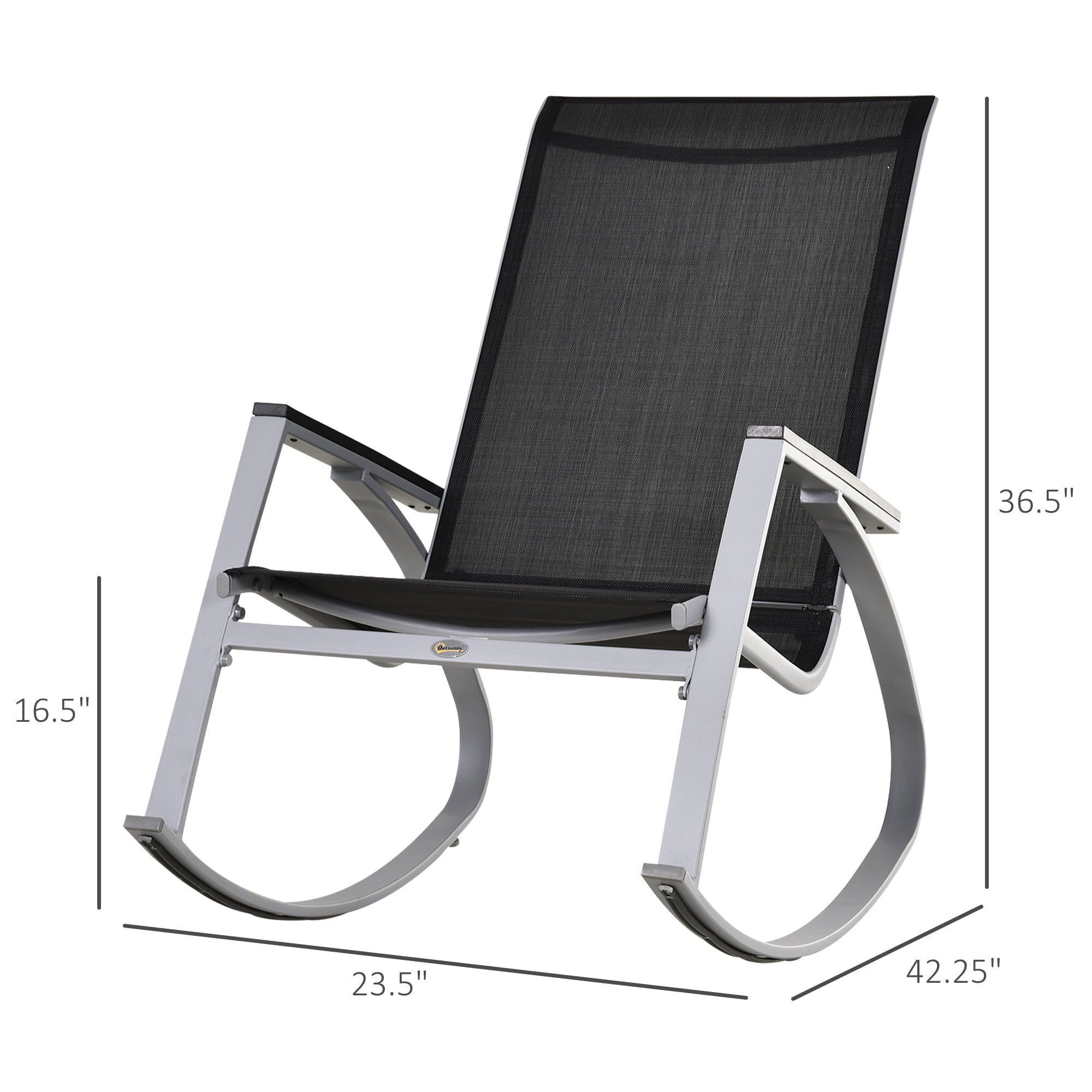 Outsunny Outdoor Modern Front Porch Patio Rocking Sling Chair - Black / Silver Steel, sling mesh, composite wood