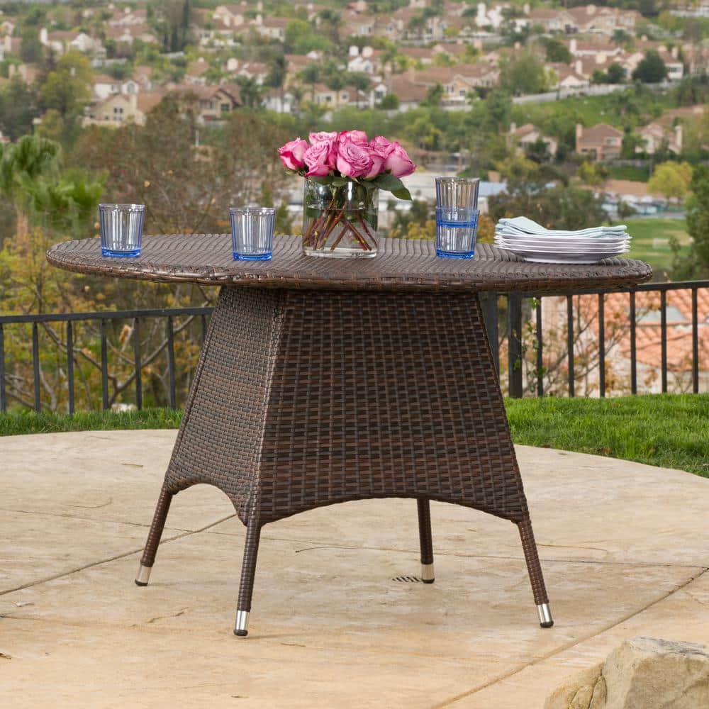 Noble House Corsica Brown Round PE Wicker Outdoor Dining Table