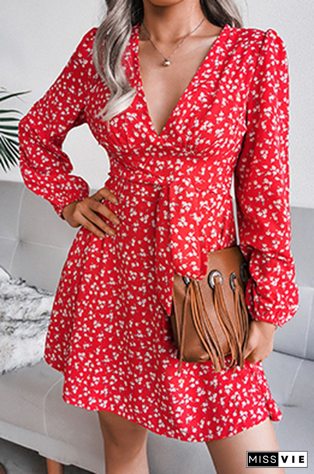 Casual Floral Split Joint Frenulum V Neck A Line Dresses