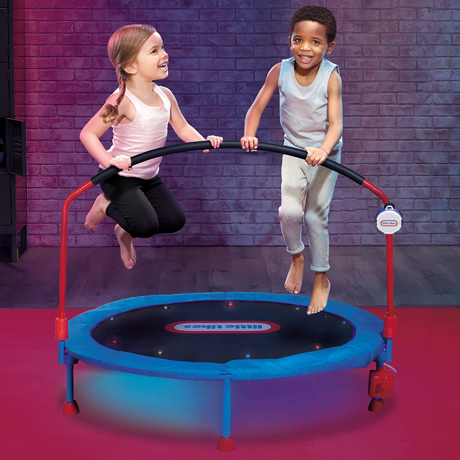 Little Tikes 4.5 ft Lights 'n Music Trampoline for Kids with LED Lights， Bluetooth， Foldable Trampoline with Safety Handle， Indoor Outdoor- Toy Gifts for Toddlers Boys Girls Ages 3 4 5 6+ Year Old